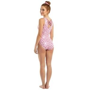 Satara VTG Pink Strawberry Foiled Strappy Crossback Tank Leotard Size Large AL
